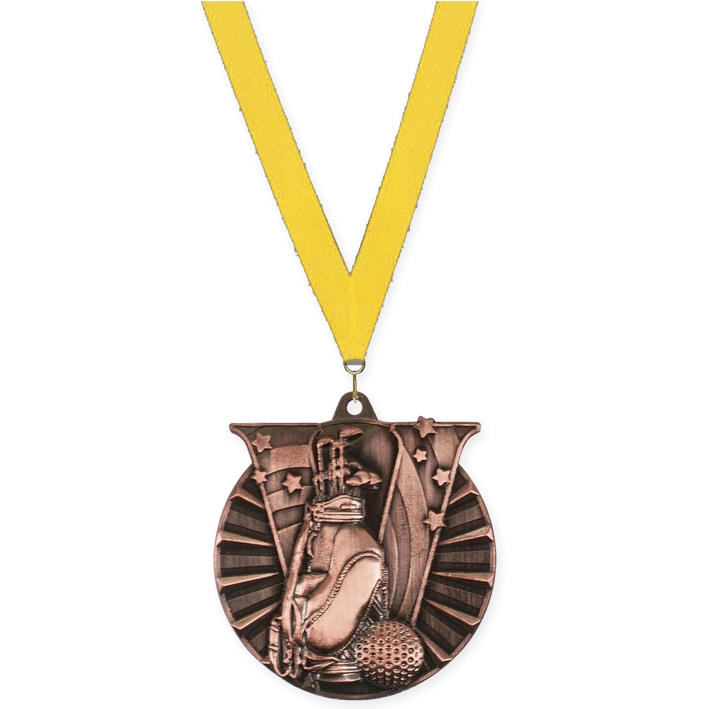 2 inch golf Victory medal in antique bronze with Yellow neck ribbon