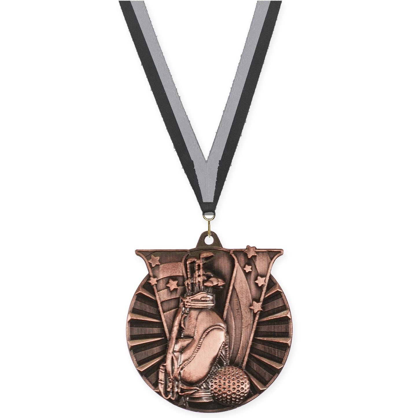 2 inch golf Victory medal in antique bronze with Black Gray neck ribbon