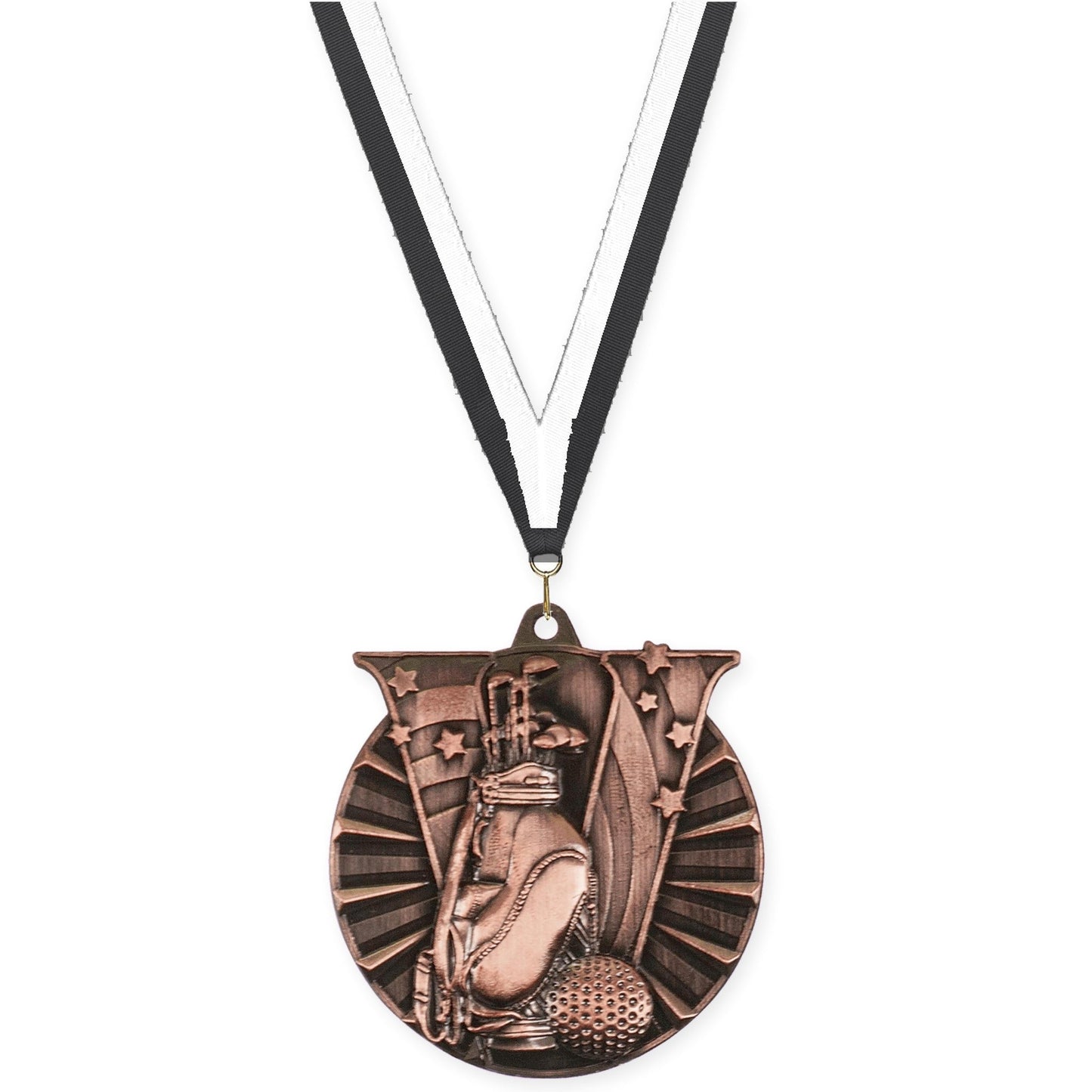 2 inch golf Victory medal in antique bronze with Black White neck ribbon