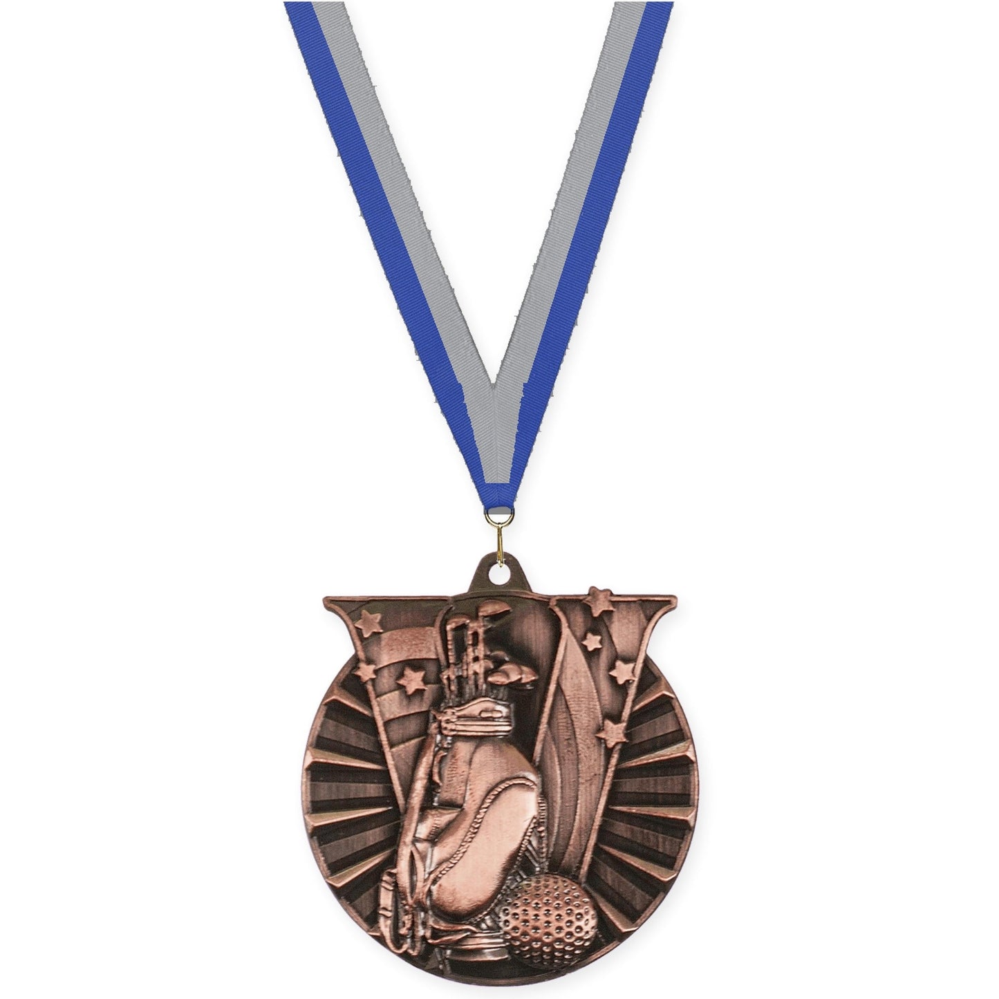 2 inch golf Victory medal in antique bronze with Blue Gray neck ribbon