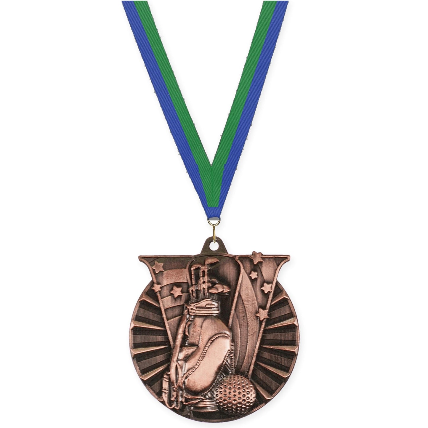 2 inch golf Victory medal in antique bronze with Blue Green neck ribbon