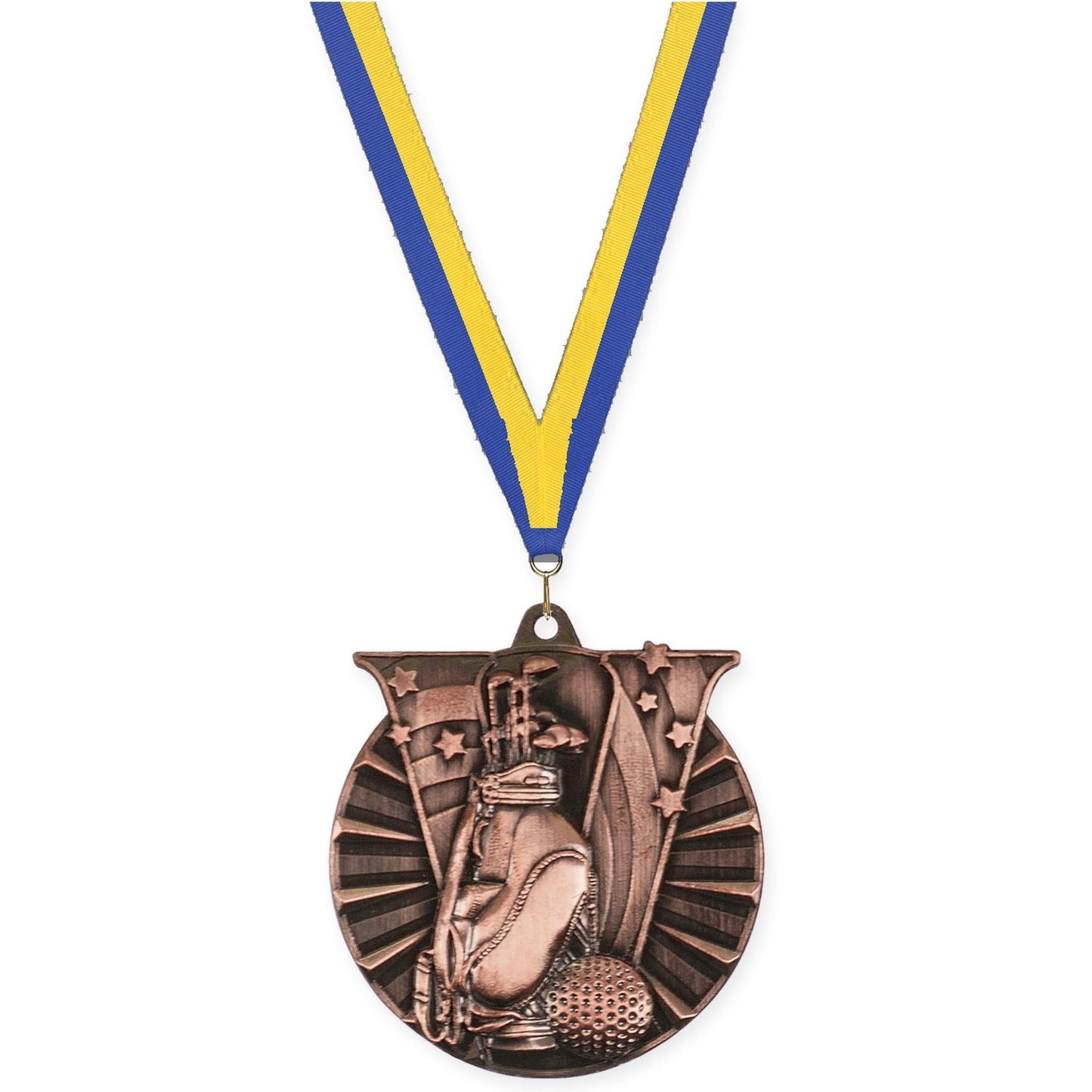 2 inch golf Victory medal in antique bronze with Blue Yellow neck ribbon