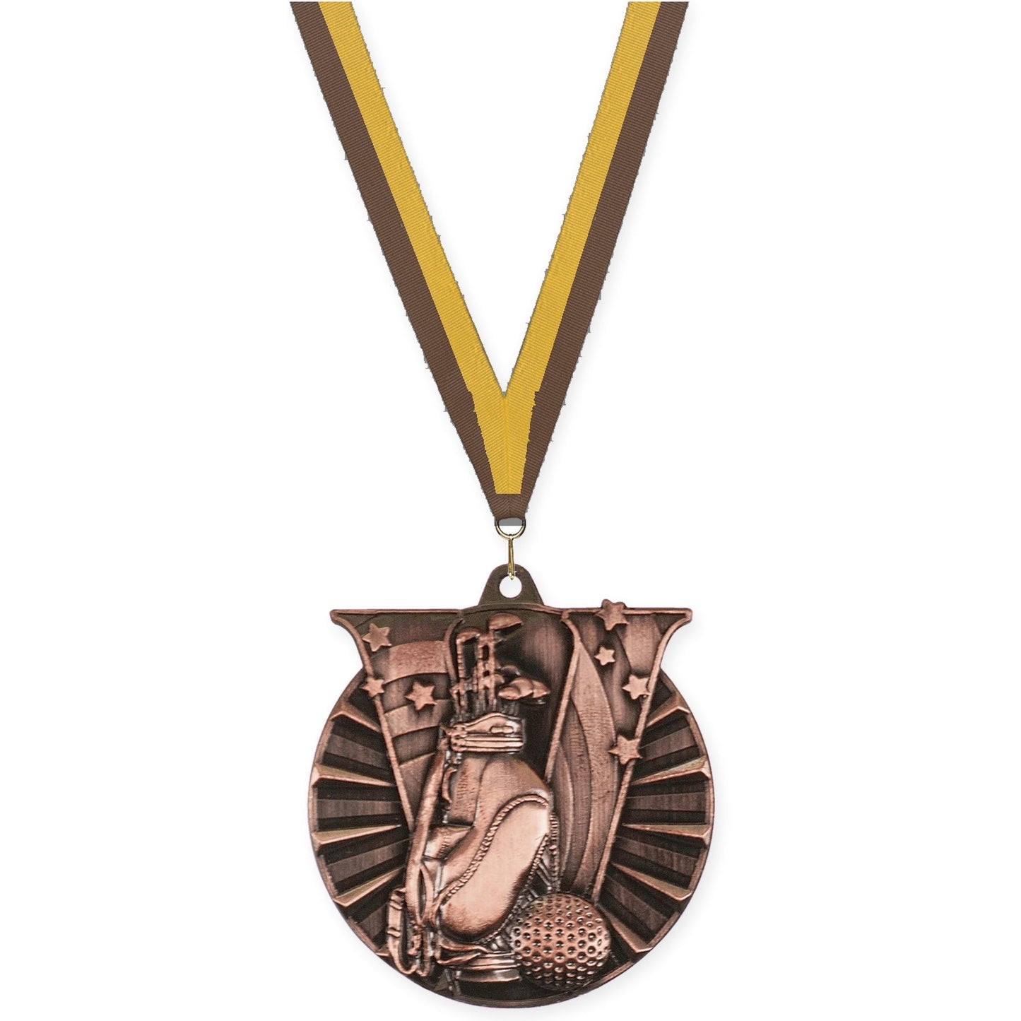 2 inch golf Victory medal in antique bronze with Brown Gold neck ribbon