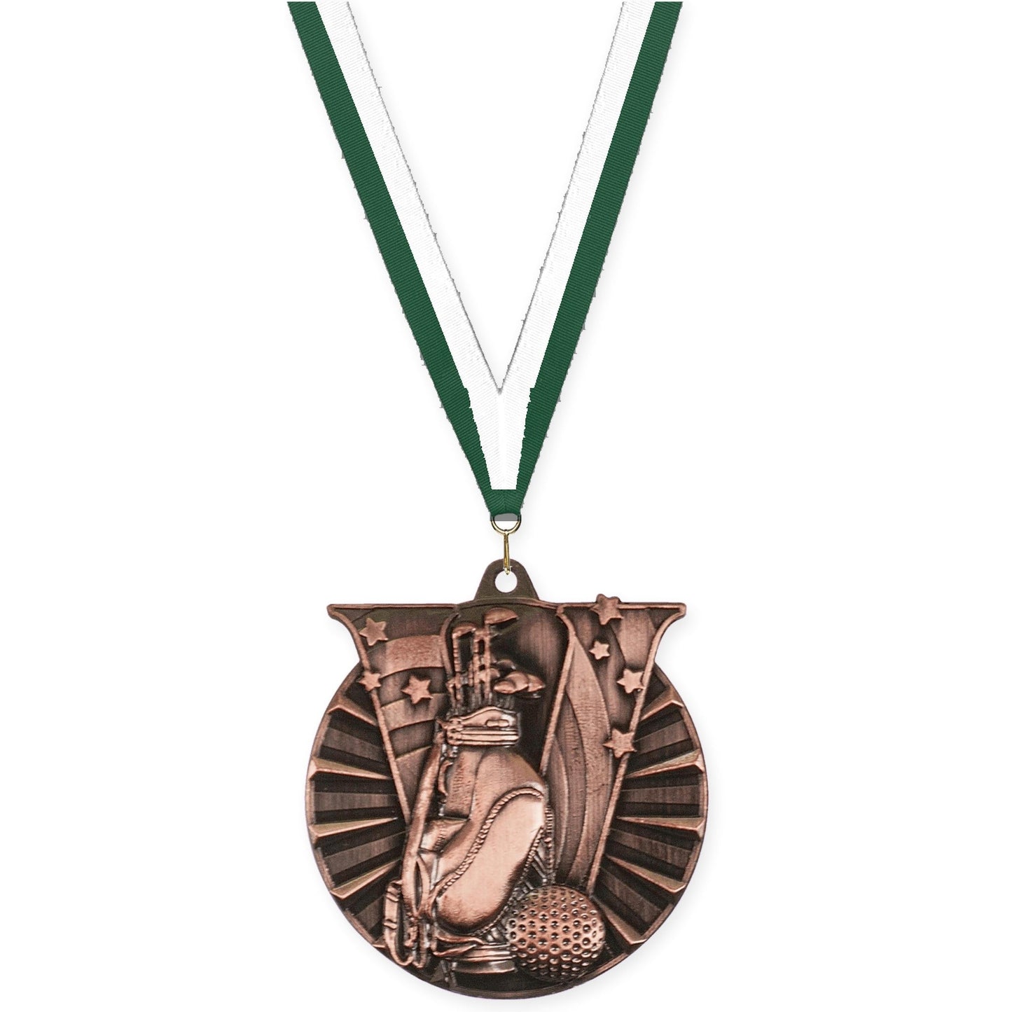 2 inch golf Victory medal in antique bronze with Hunter Green White neck ribbon