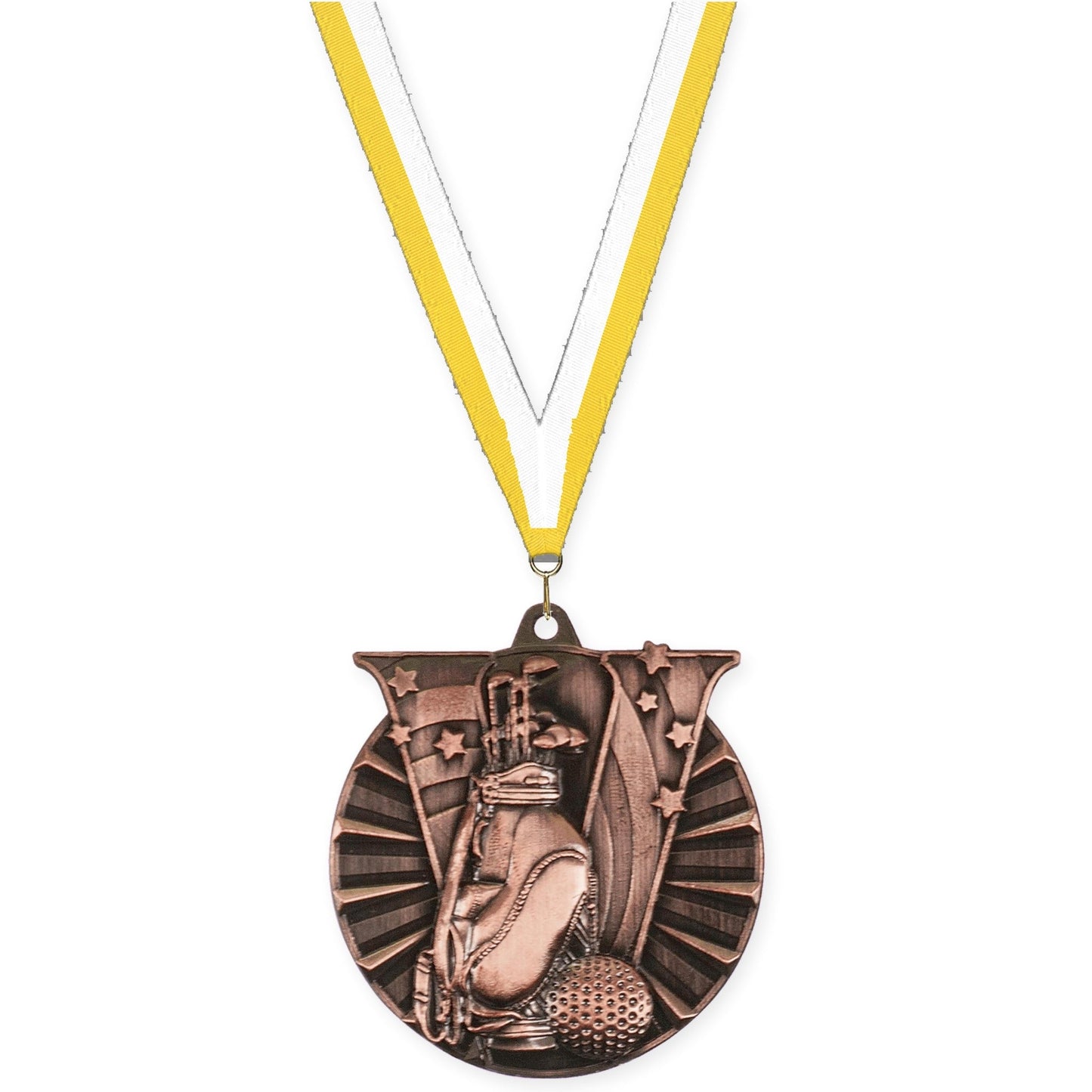 2 inch golf Victory medal in antique bronze with Yellow White neck ribbon