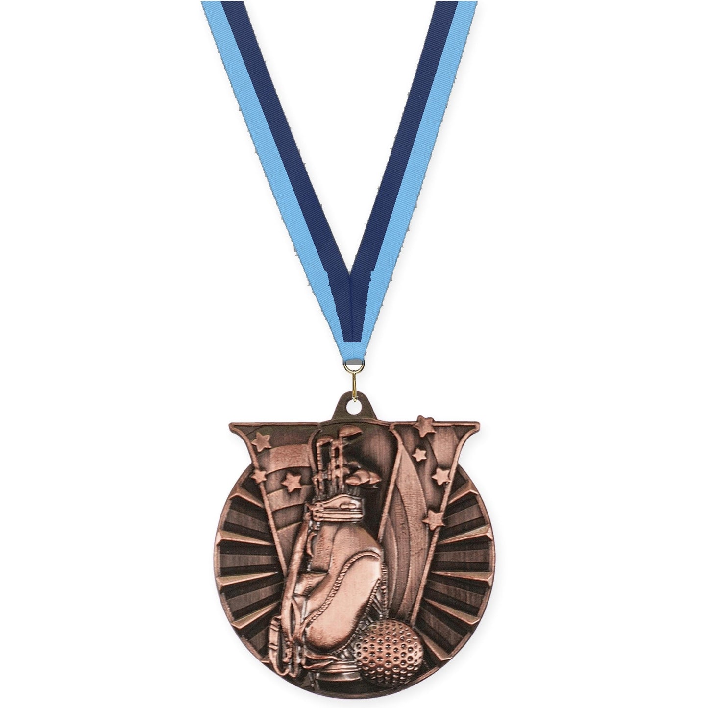 2 inch golf Victory medal in antique bronze with Light Blue Navy neck ribbon