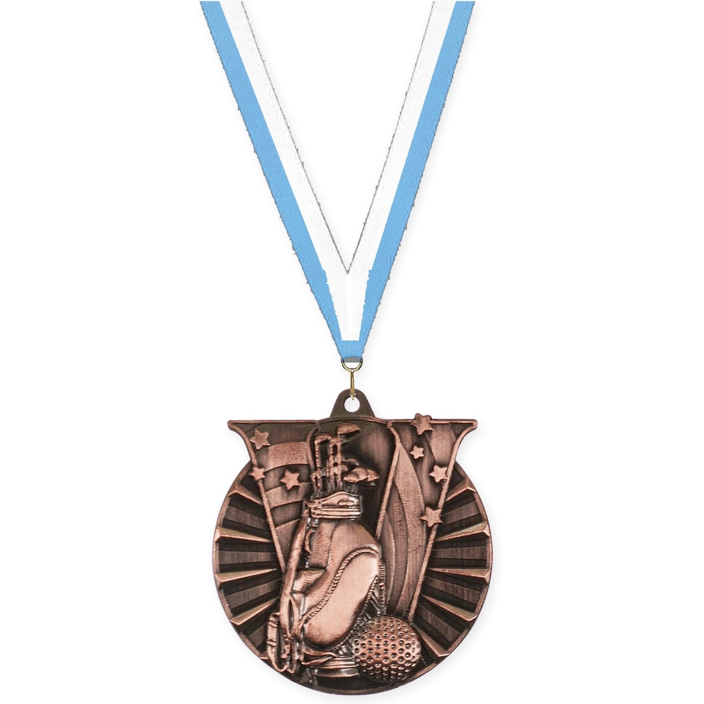 2 inch golf Victory medal in antique bronze with Light Blue White neck ribbon