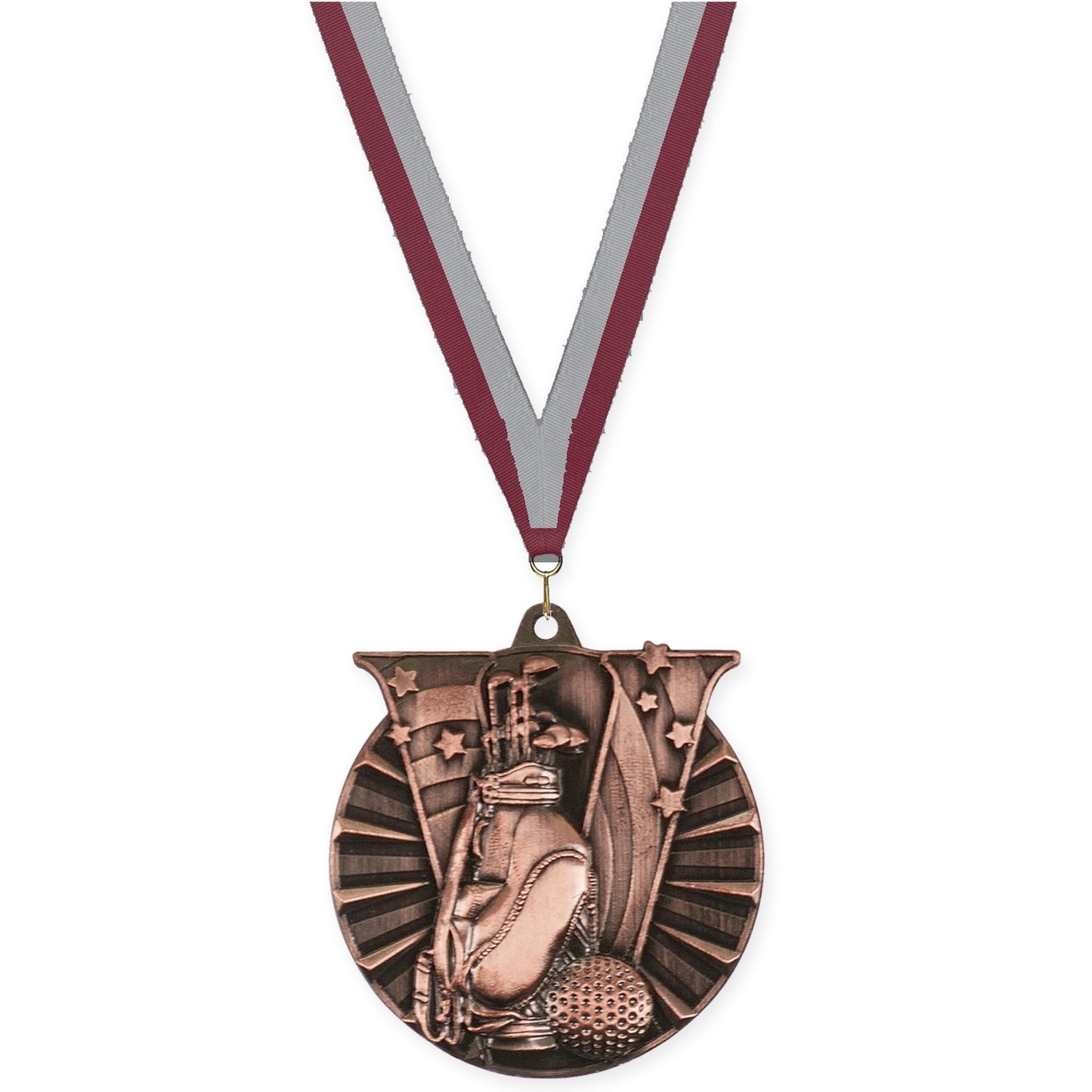 2 inch golf Victory medal in antique bronze with Maroon Gray neck ribbon
