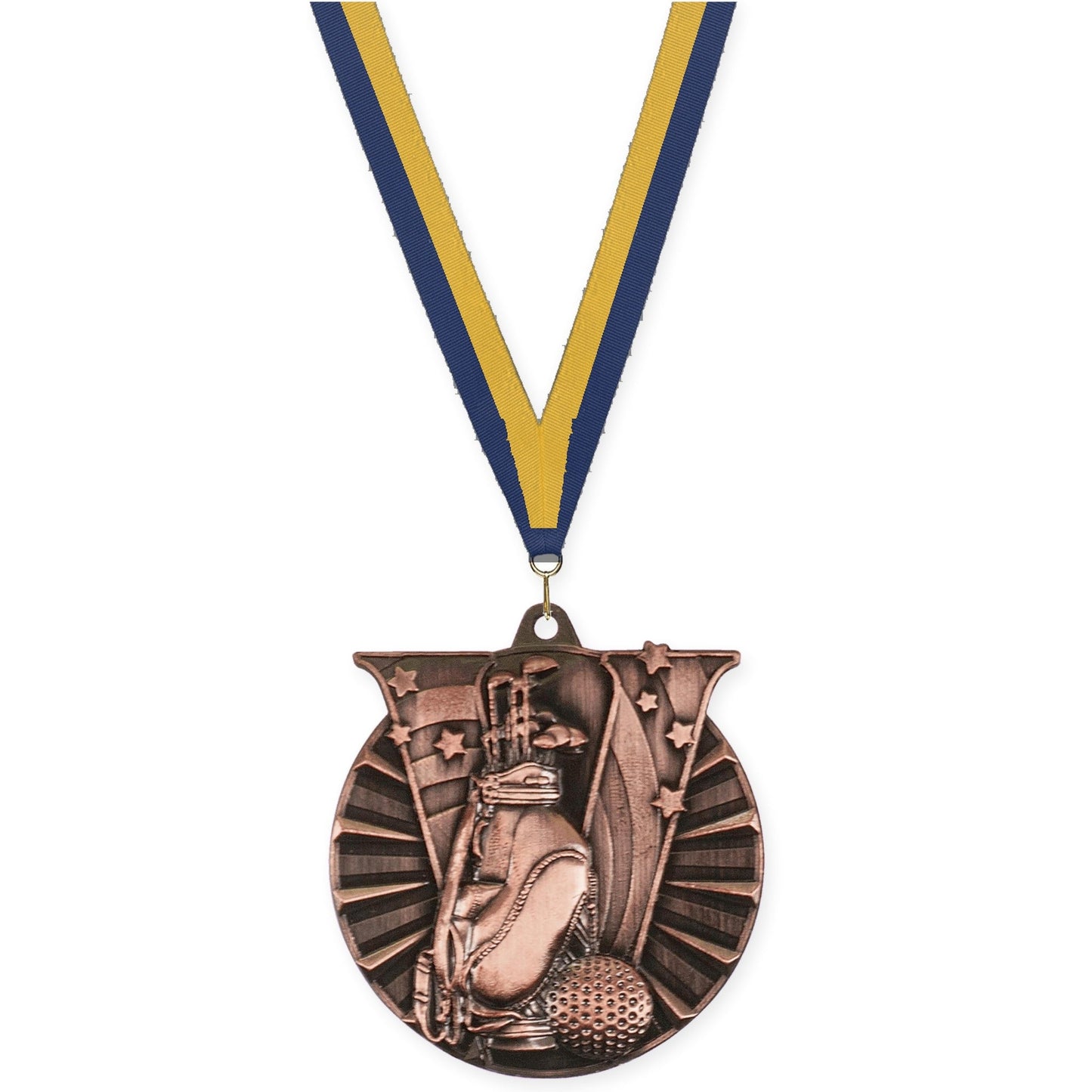 2 inch golf Victory medal in antique bronze with Navy Gold neck ribbon