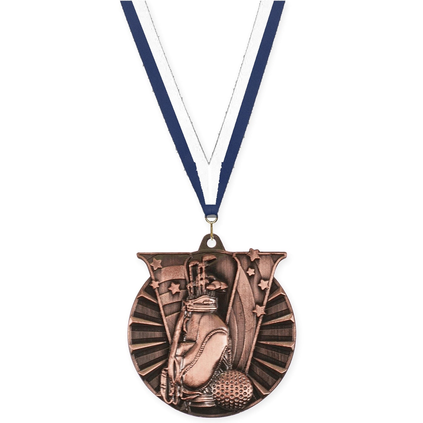 2 inch golf Victory medal in antique bronze with Navy White neck ribbon