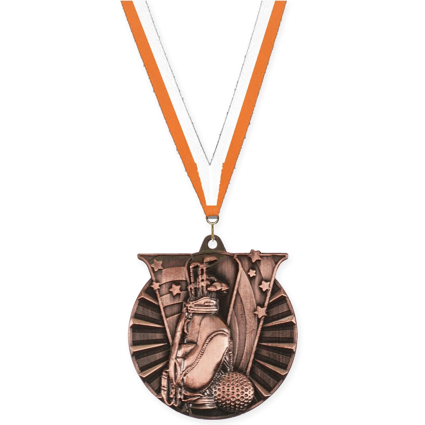 2 inch golf Victory medal in antique bronze with Orange White neck ribbon