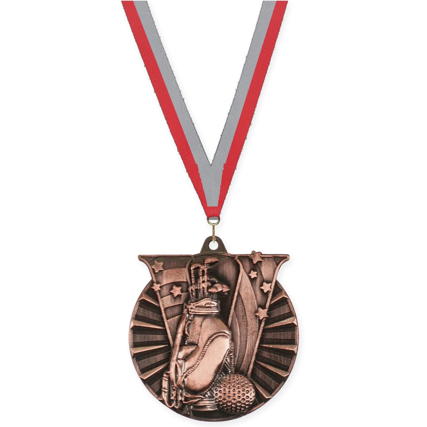 2 inch golf Victory medal in antique bronze with Red Gray neck ribbon