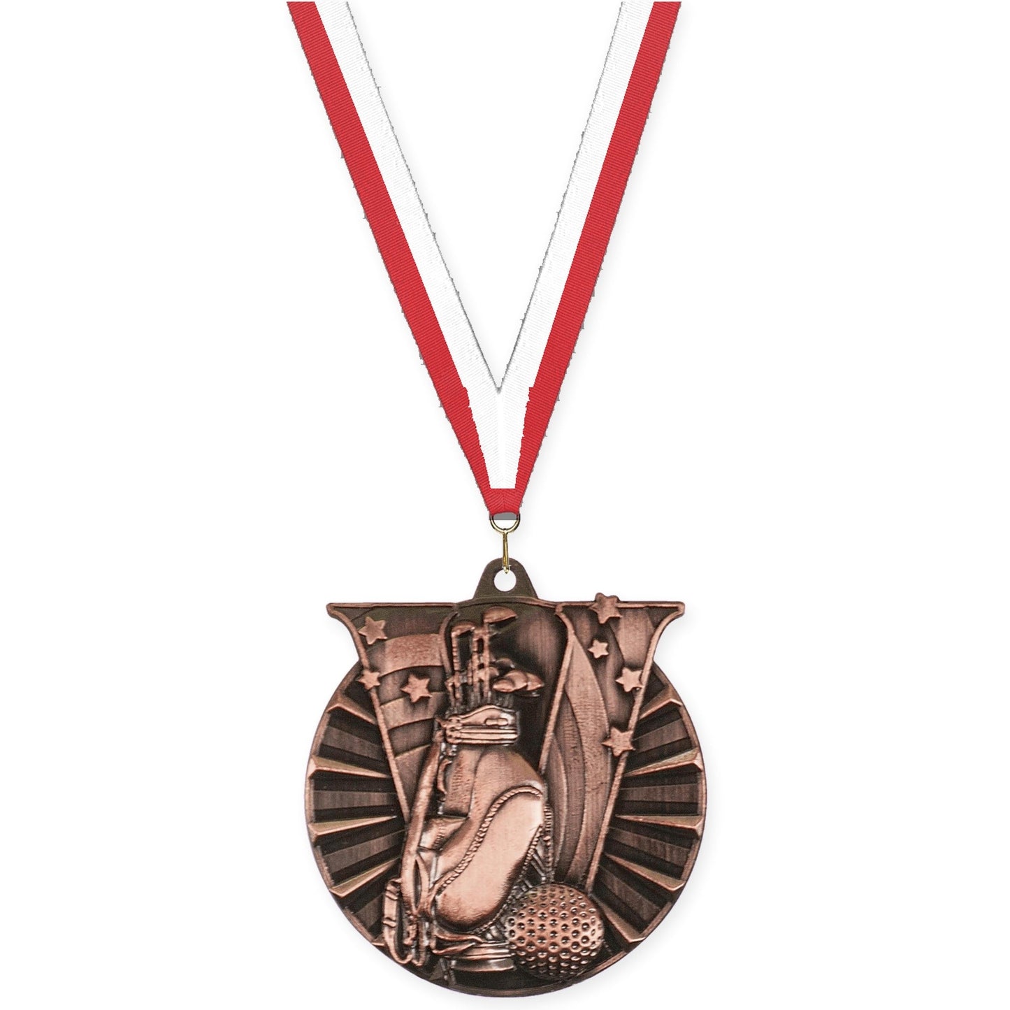 2 inch golf Victory medal in antique bronze with Red White neck ribbon