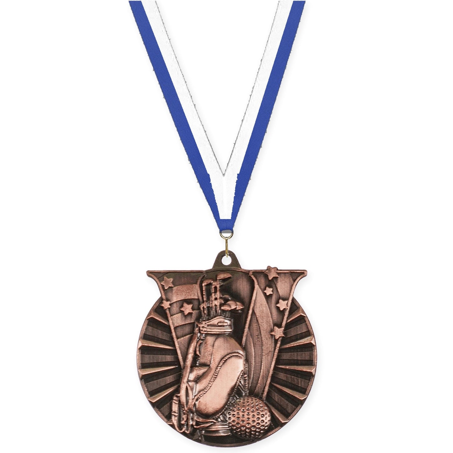 2 inch golf Victory medal in antique bronze with Blue White neck ribbon