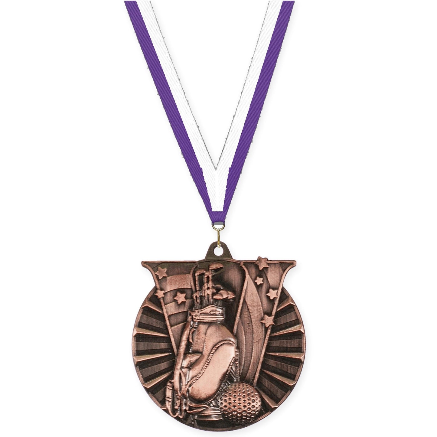 2 inch golf Victory medal in antique bronze with Purple White neck ribbon