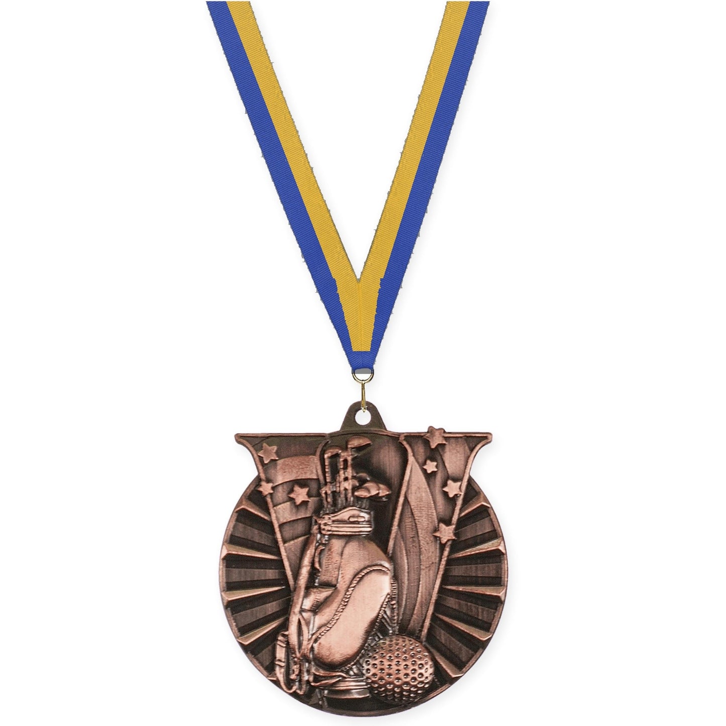 2 inch golf Victory medal in antique bronze with Blue Gold neck ribbon
