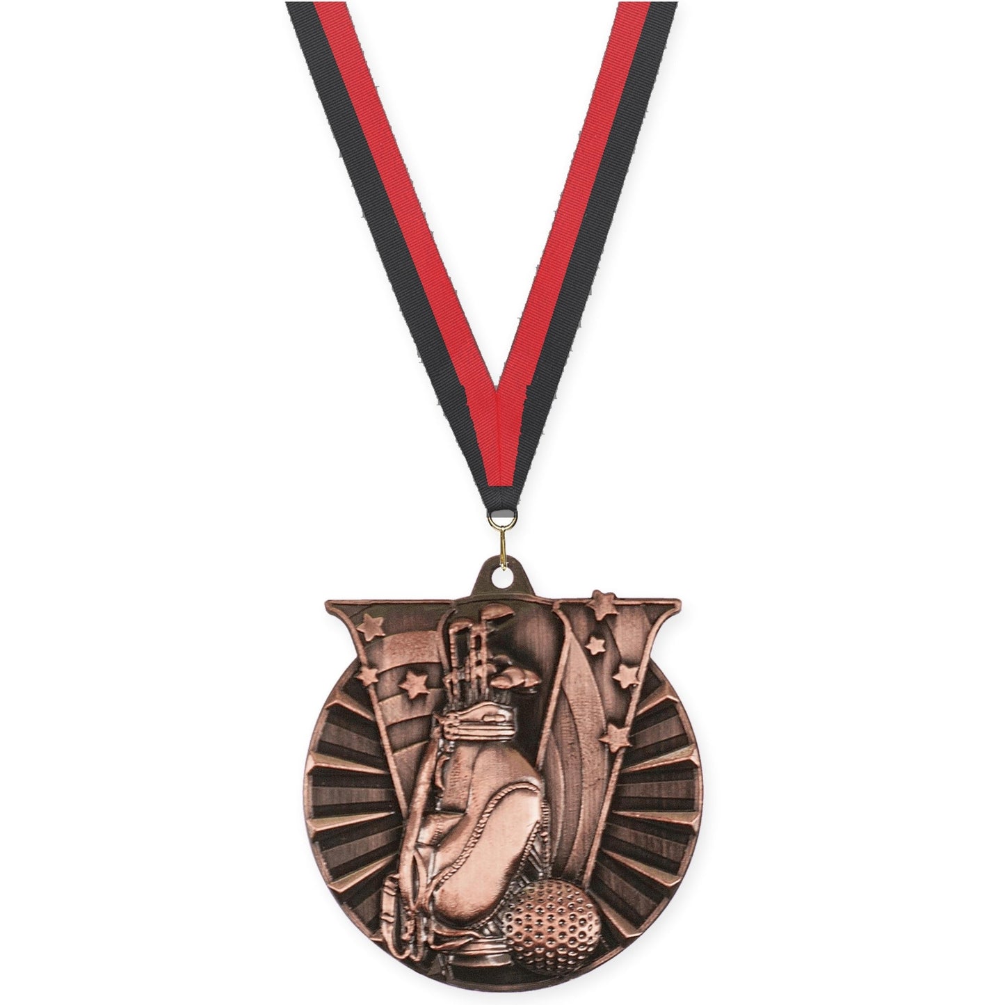 2 inch golf Victory medal in antique bronze with Black Red neck ribbon