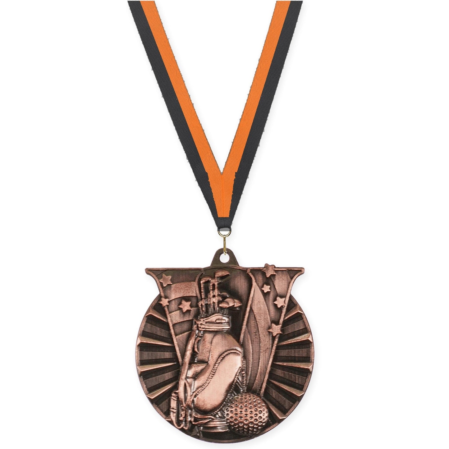 2 inch golf Victory medal in antique bronze with Black Orange neck ribbon