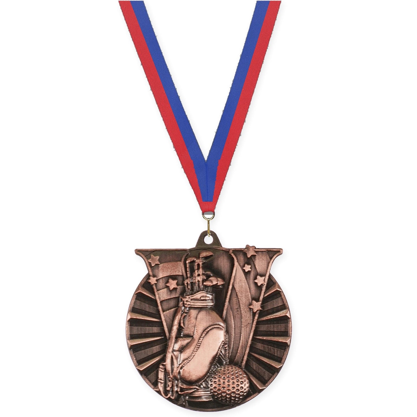 2 inch golf Victory medal in antique bronze with Blue Red neck ribbon
