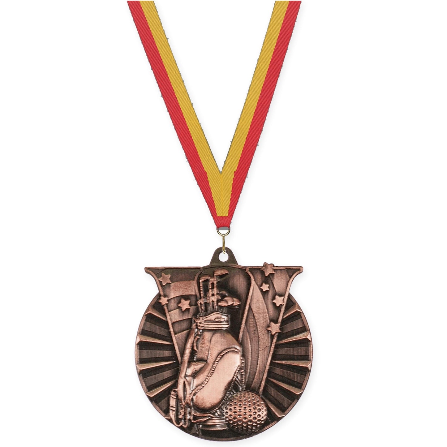 2 inch golf Victory medal in antique bronze with Red Gold neck ribbon