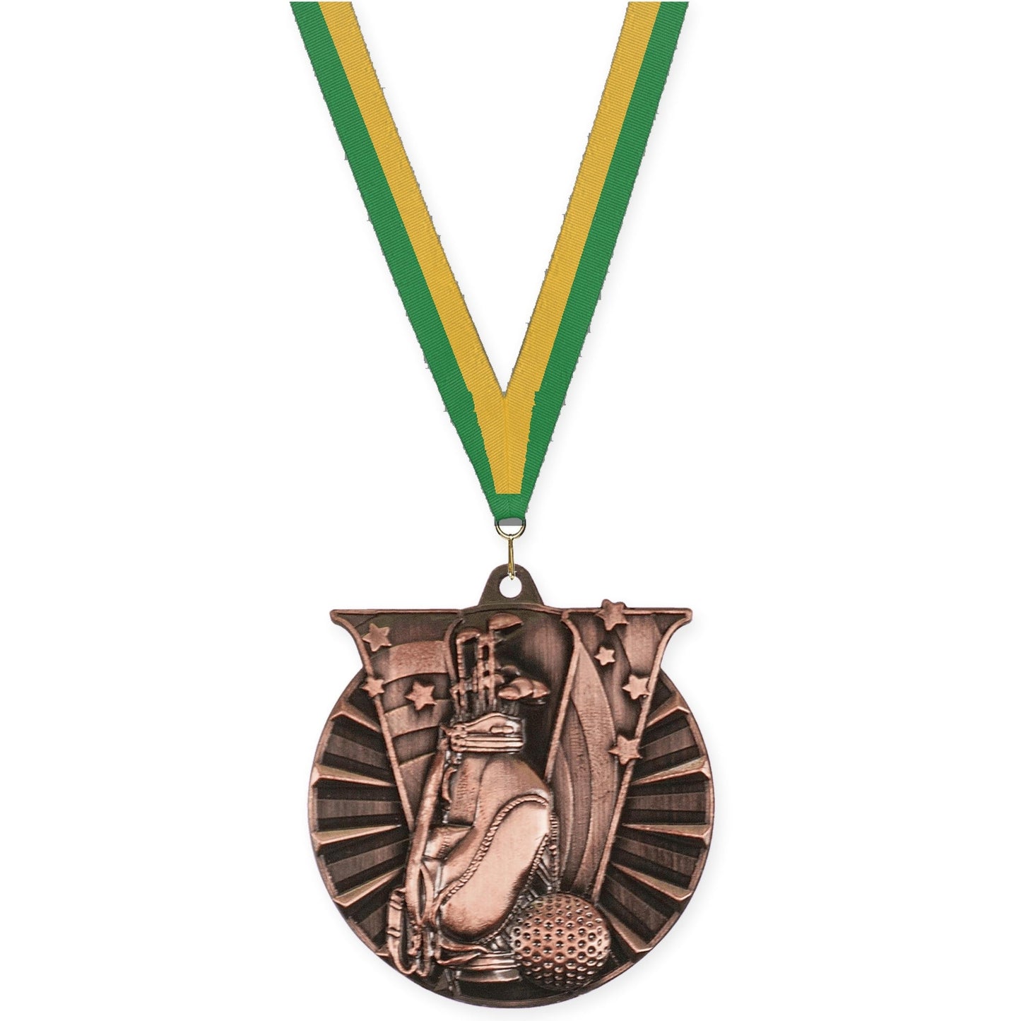 2 inch golf Victory medal in antique bronze with Green Gold neck ribbon