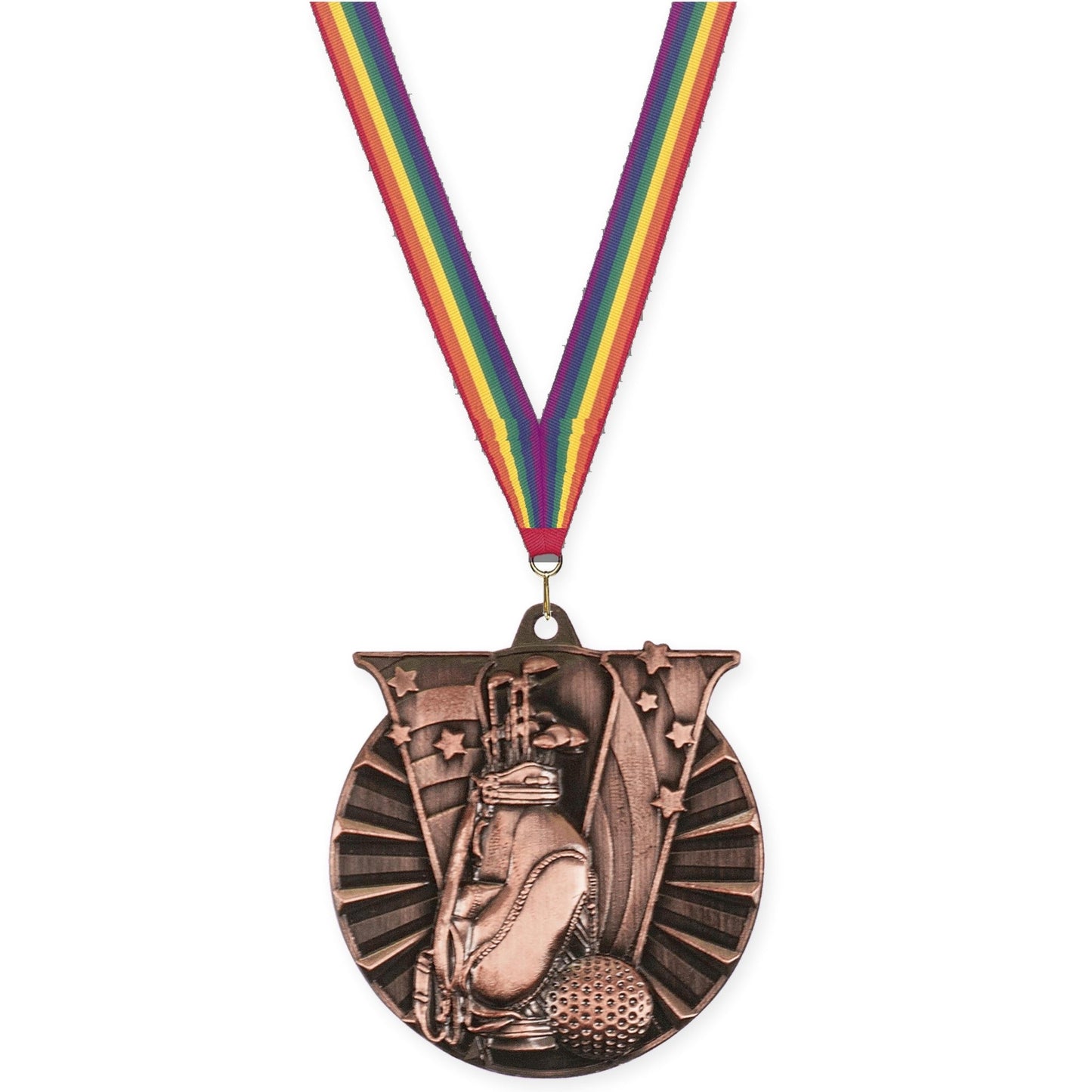 2 inch golf Victory medal in antique bronze with Rainbow neck ribbon