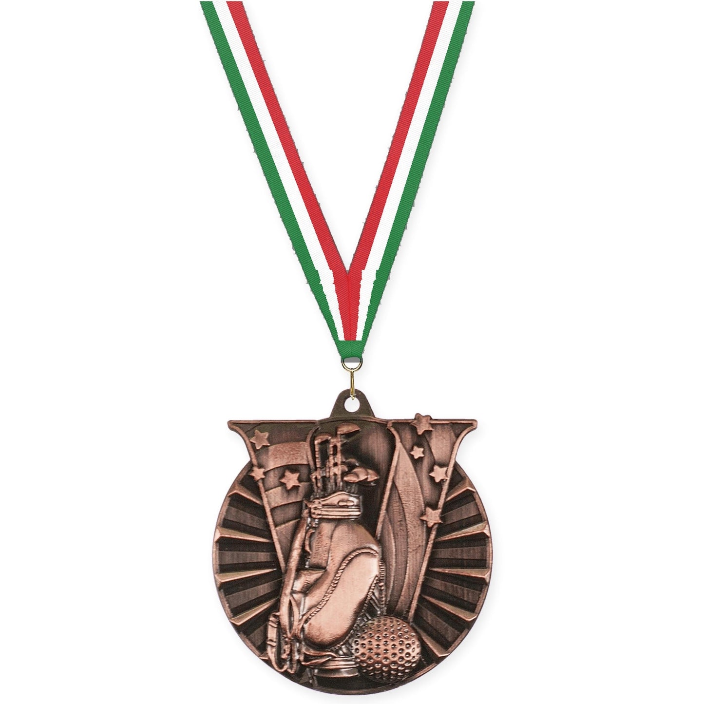 2 inch golf Victory medal in antique bronze with Green White Red neck ribbon