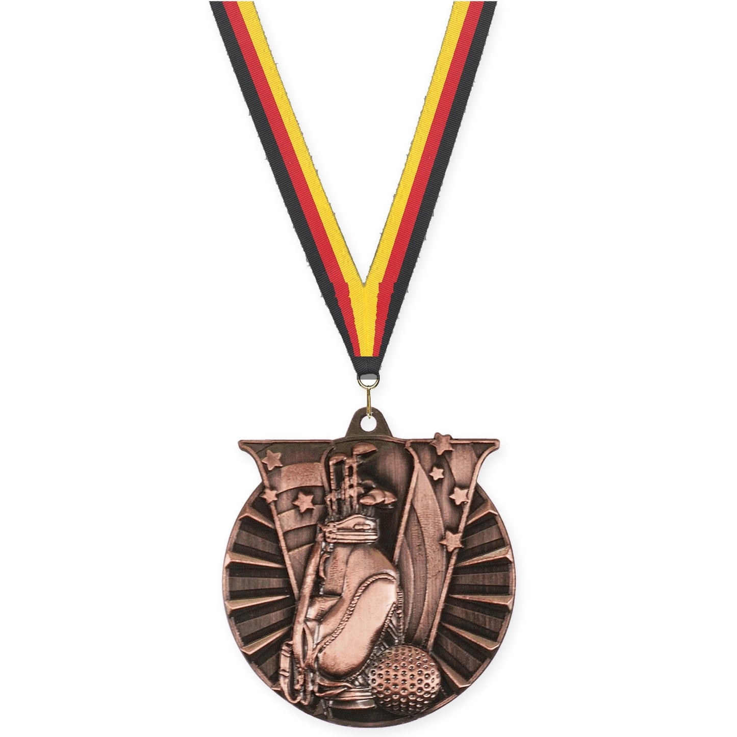 2 inch golf Victory medal in antique bronze with Black Red Yellow neck ribbon