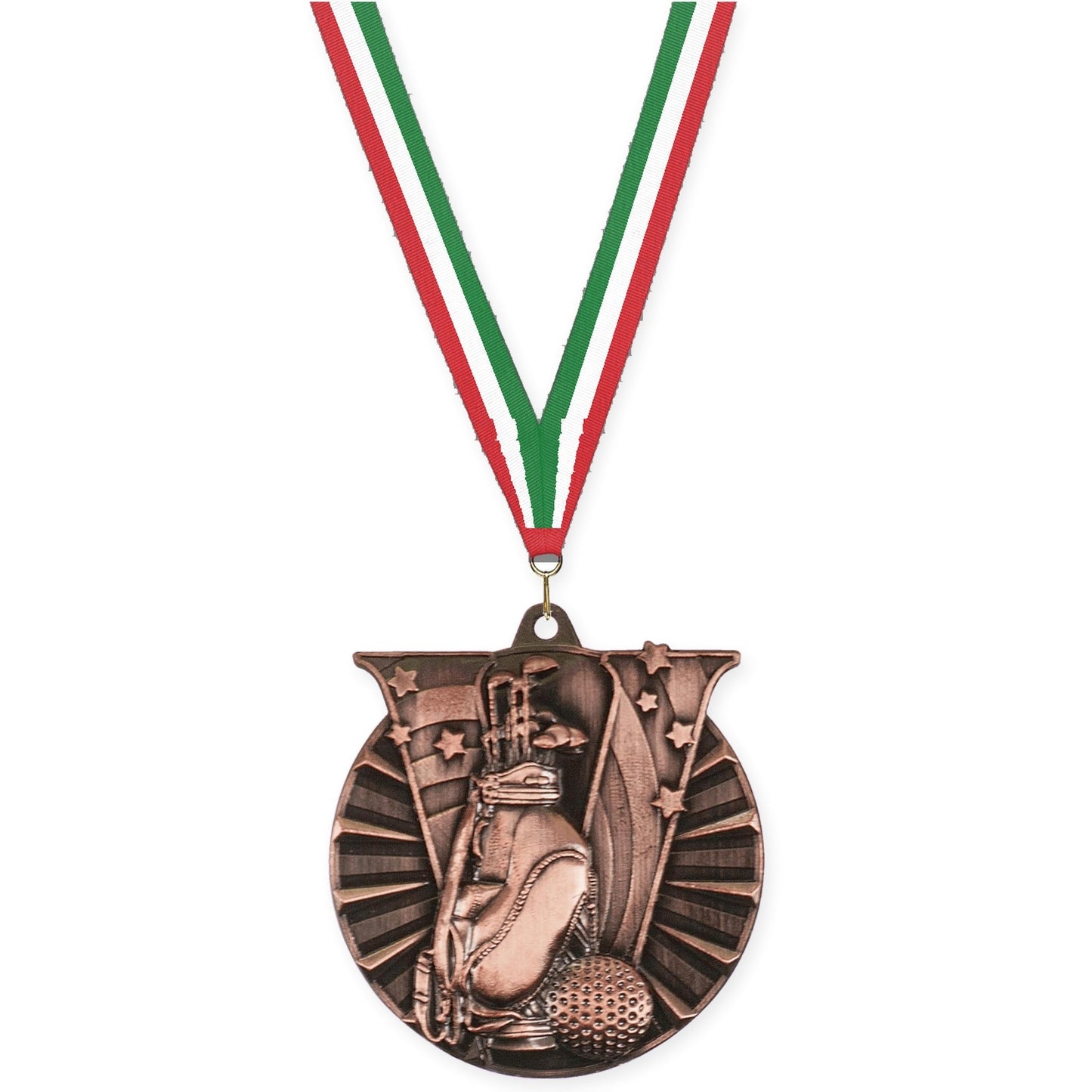 2 inch golf Victory medal in antique bronze with Red White Green neck ribbon