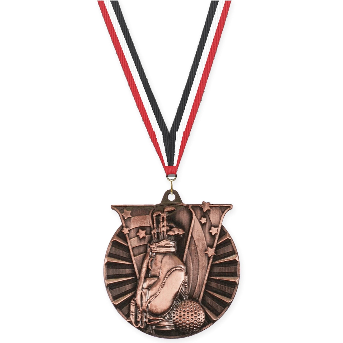 2 inch golf Victory medal in antique bronze with Red White Black neck ribbon