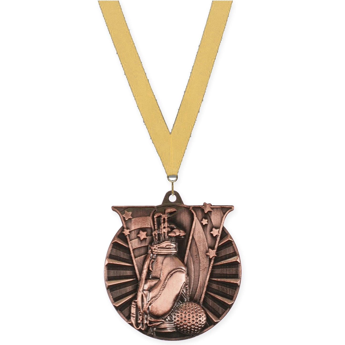 2 inch golf Victory medal in antique bronze with Gold Metallic neck ribbon
