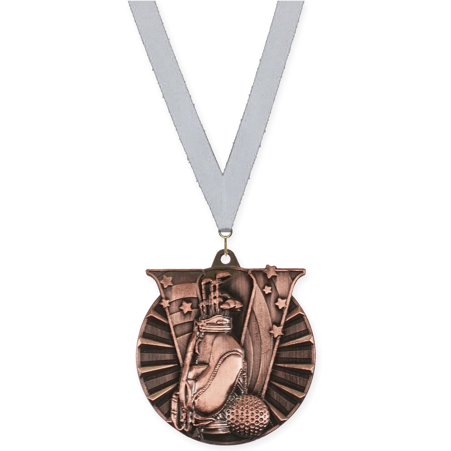 2 inch golf Victory medal in antique bronze with Silver Metallic neck ribbon