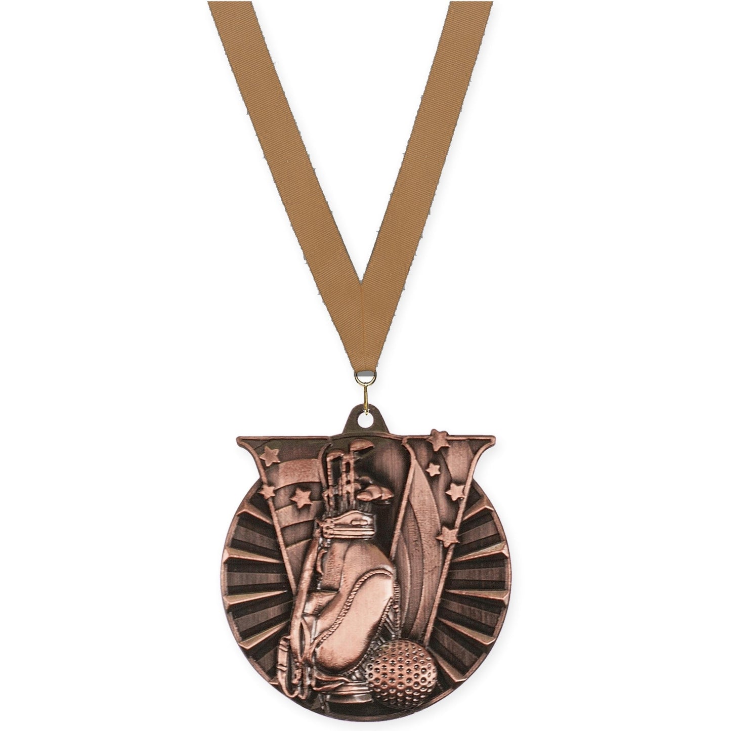 2 inch golf Victory medal in antique bronze with Bronze Metallic neck ribbon