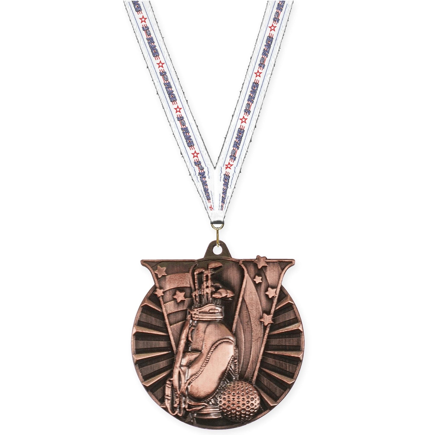 2 inch golf Victory medal in antique bronze with 2nd Place neck ribbon
