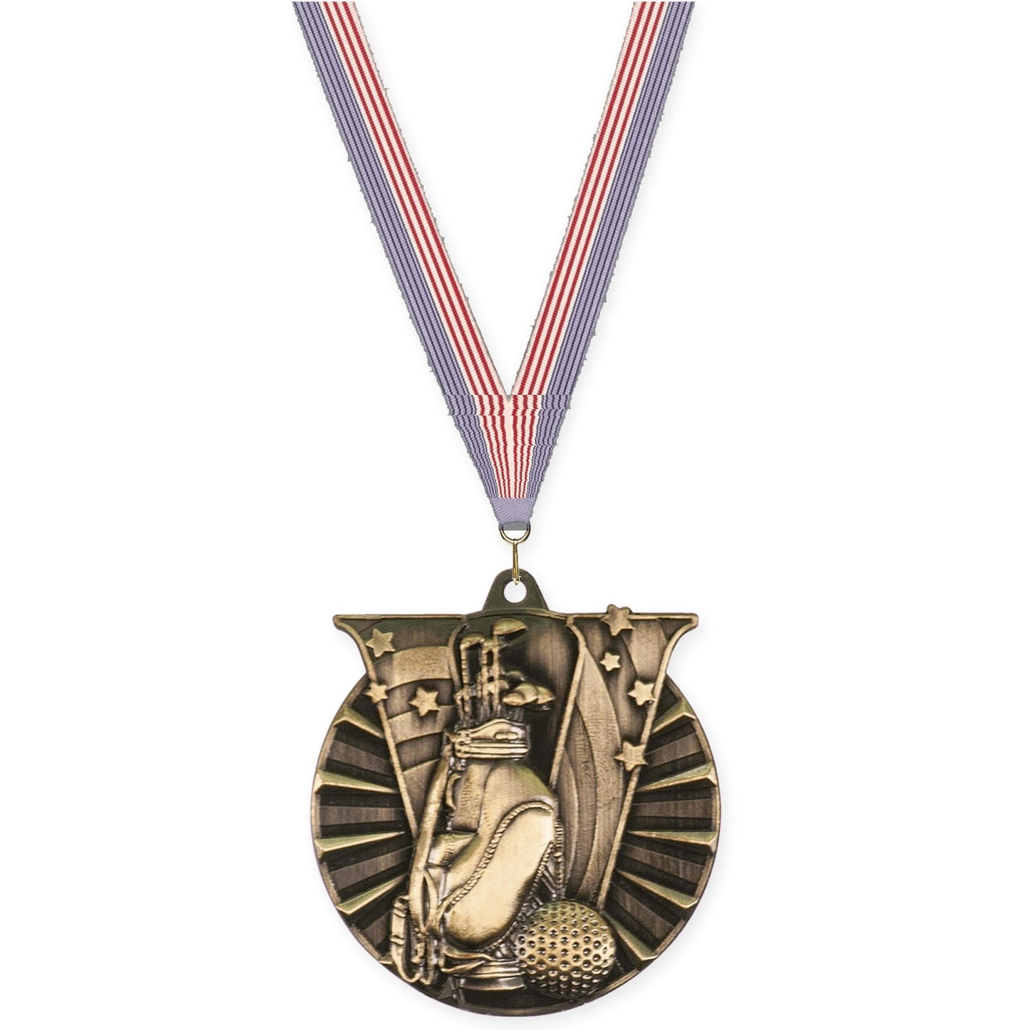 2 inch golf Victory medal in antique gold with USA Flag neck ribbon