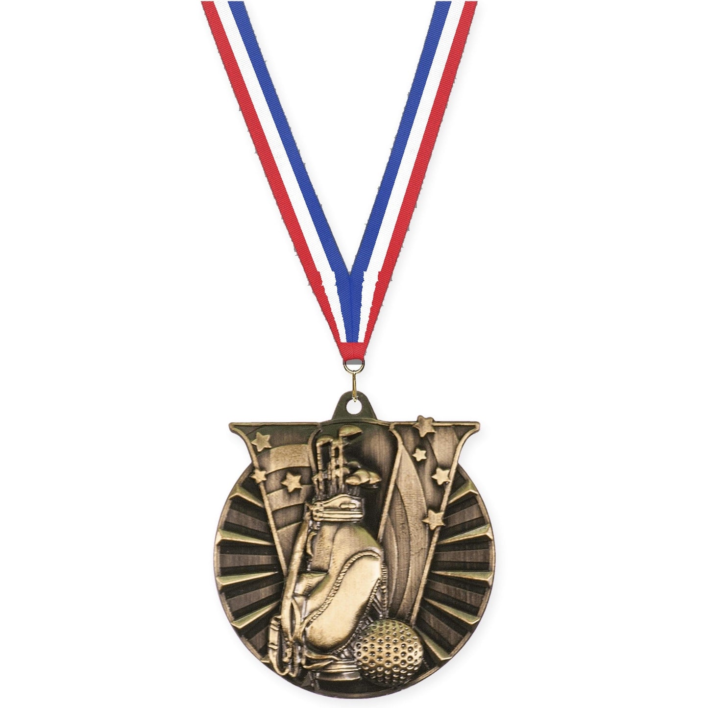 2 inch golf Victory medal in antique gold with Red White Blue neck ribbon