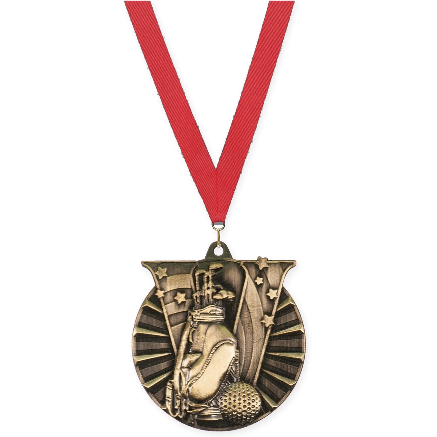 2 inch golf Victory medal in antique gold with Red neck ribbon