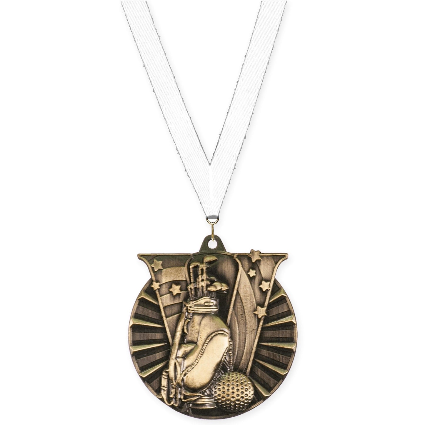 2 inch golf Victory medal in antique gold with White neck ribbon
