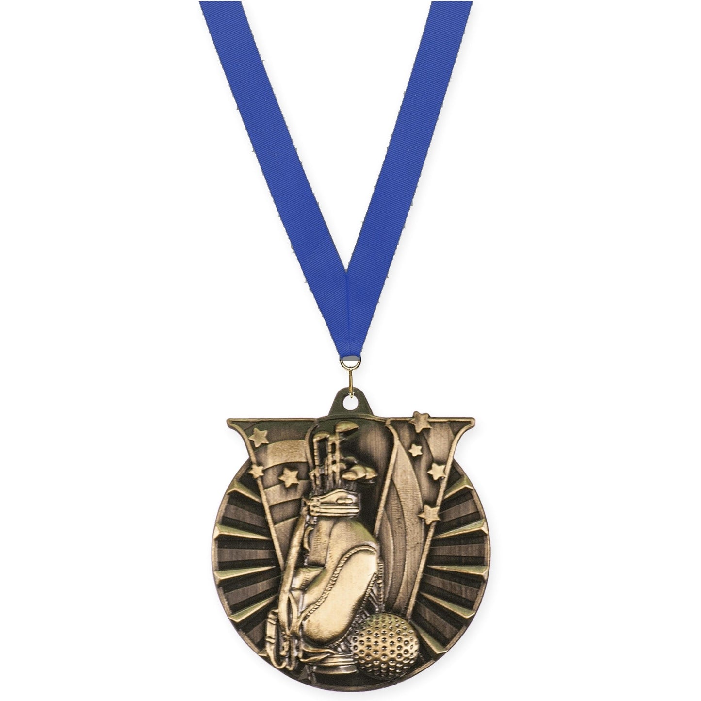 2 inch golf Victory medal in antique gold with Blue neck ribbon