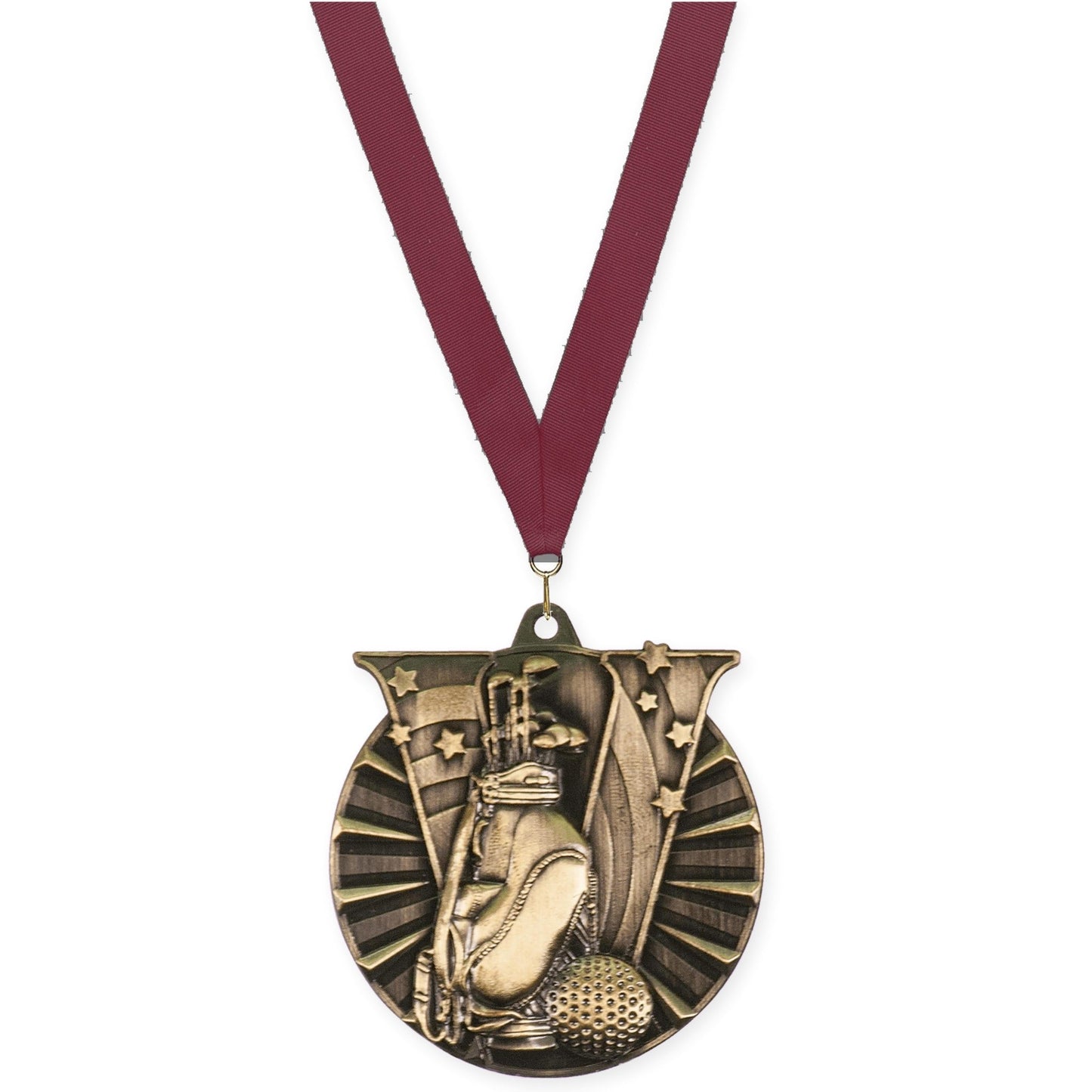 2 inch golf Victory medal in antique gold with Maroon neck ribbon