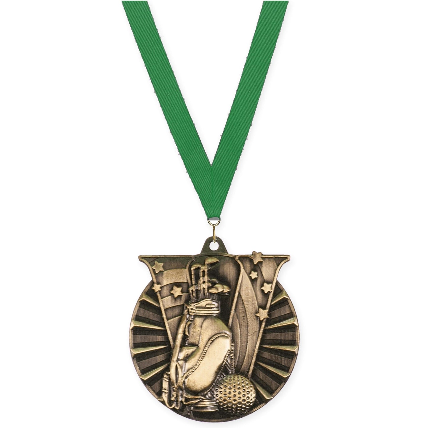 2 inch golf Victory medal in antique gold with Green neck ribbon