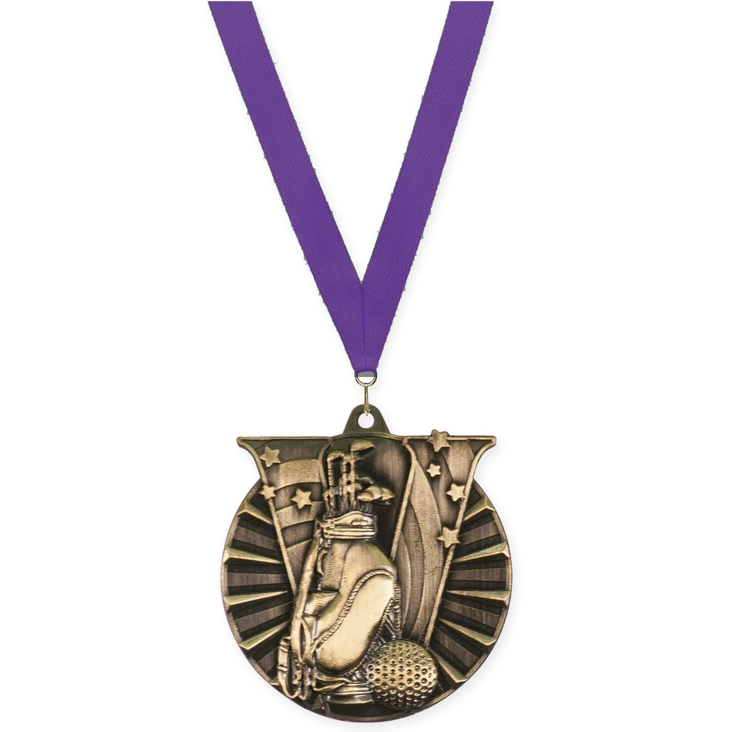 2 inch golf Victory medal in antique gold with Purple neck ribbon