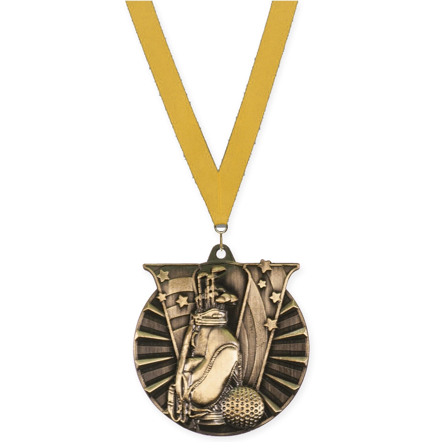 2 inch golf Victory medal in antique gold with Gold neck ribbon