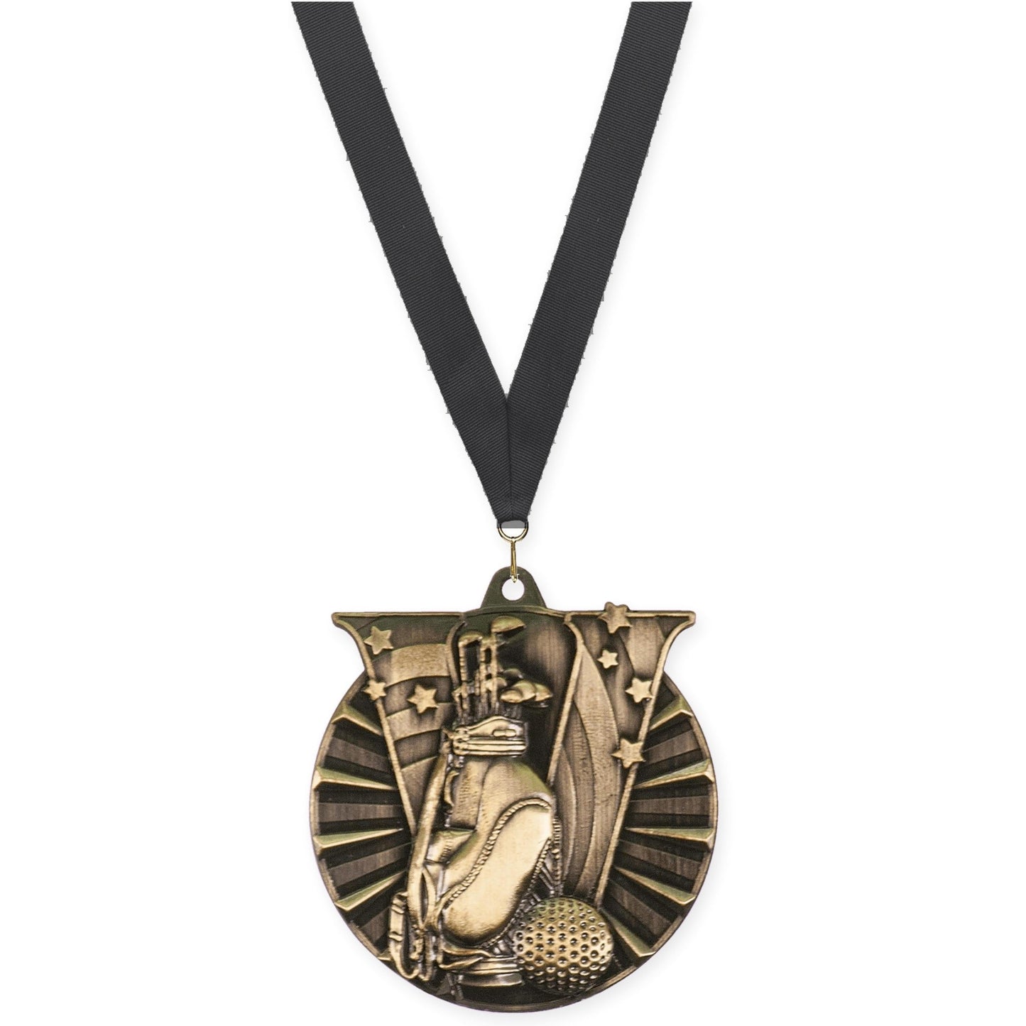 2 inch golf Victory medal in antique gold with Black neck ribbon
