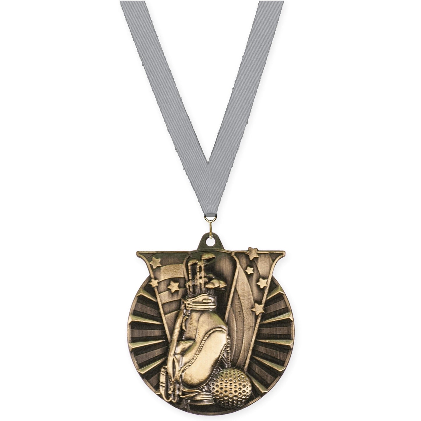 2 inch golf Victory medal in antique gold with Gray neck ribbon