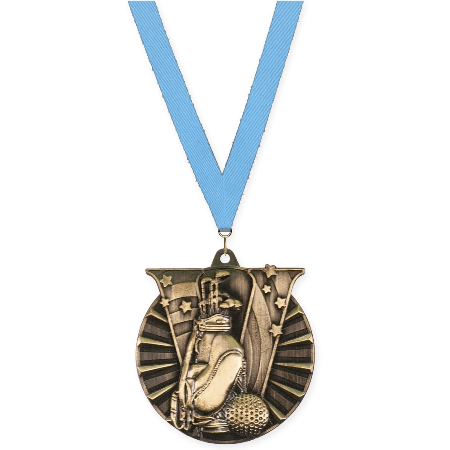 2 inch golf Victory medal in antique gold with Light Blue neck ribbon