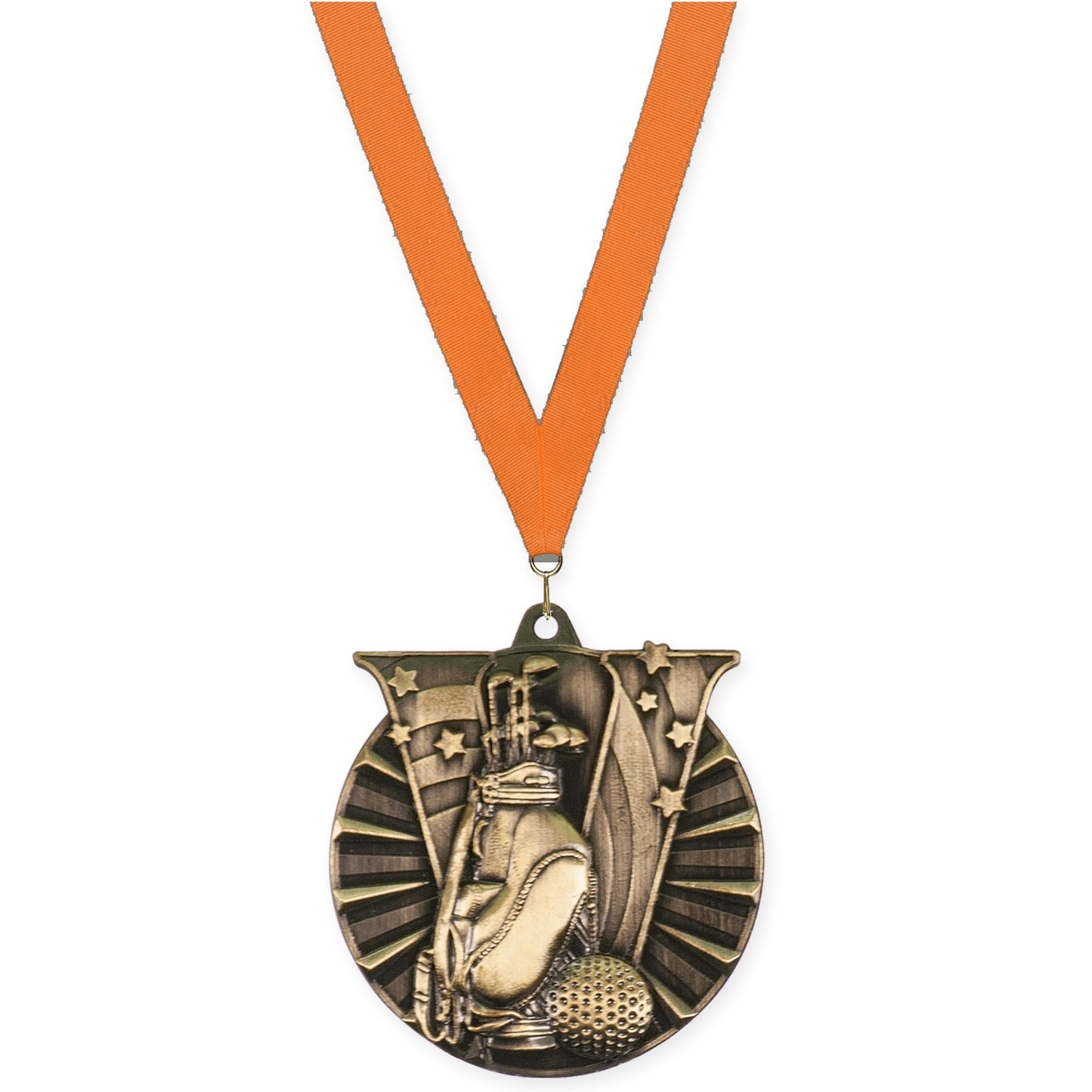 2 inch golf Victory medal in antique gold with Orange neck ribbon