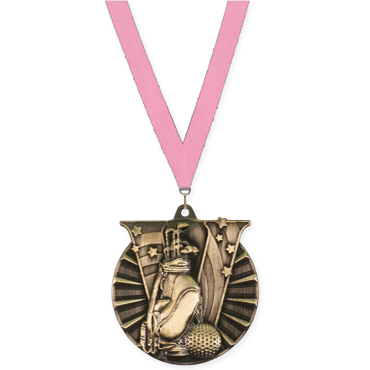 2 inch golf Victory medal in antique gold with Pink neck ribbon
