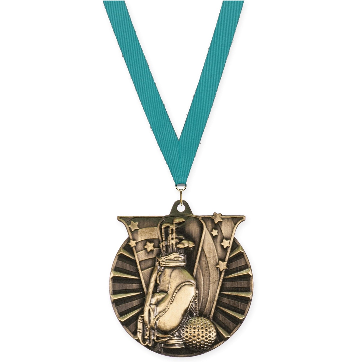 2 inch golf Victory medal in antique gold with Teal neck ribbon