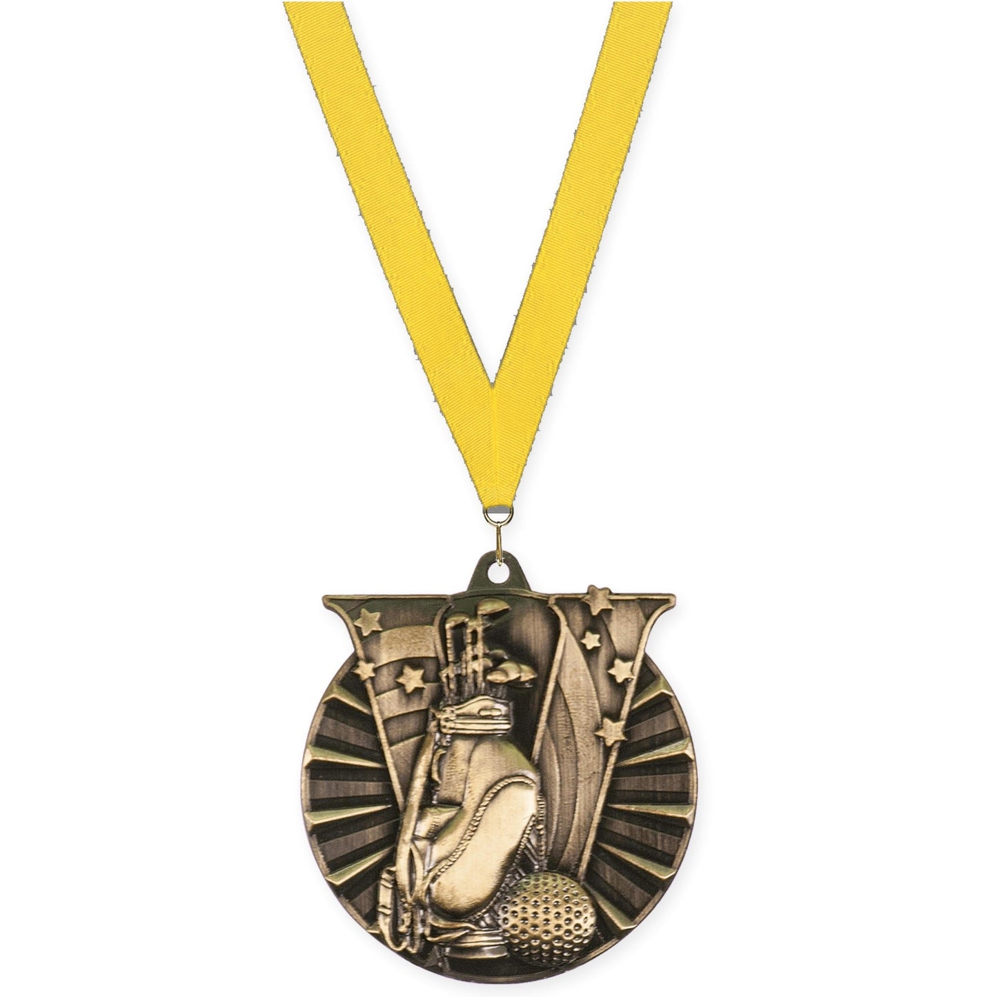 2 inch golf Victory medal in antique gold with Yellow neck ribbon